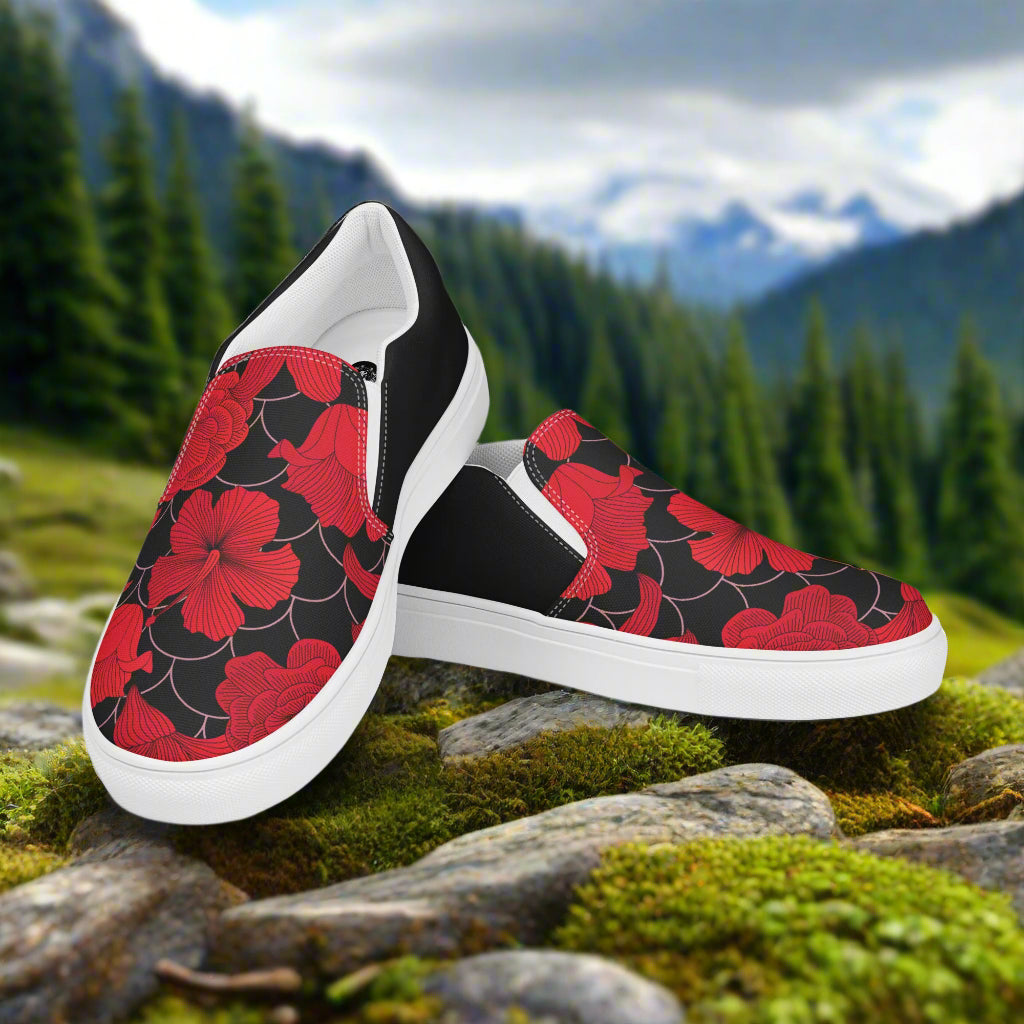 Red Lily Halftone Slip-on Canvas Shoes with vibrant floral design and black accents for casual wear