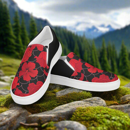 Red Lily Halftone Slip-on Canvas Shoes with vibrant floral design and black accents for casual wear