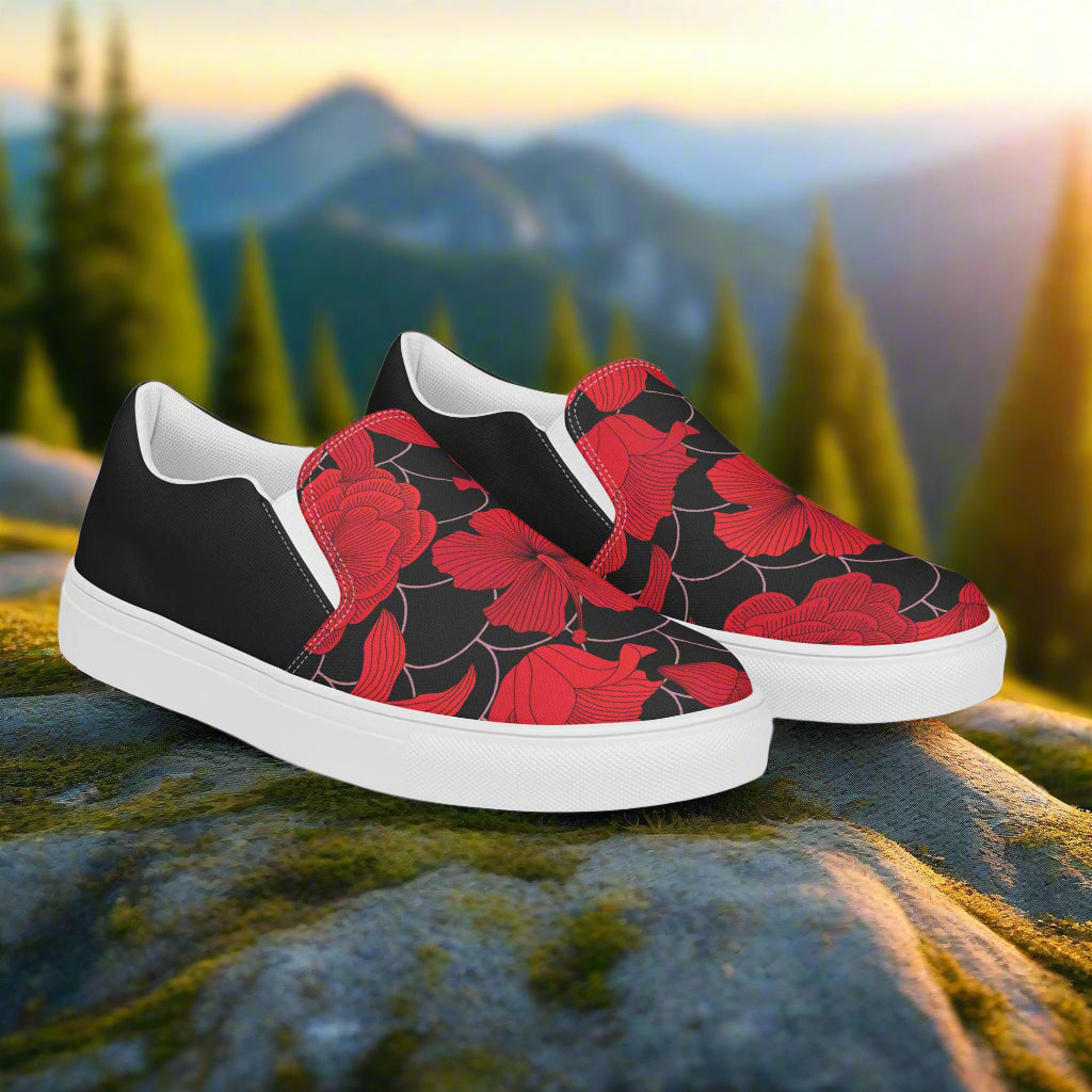 Red Lily Halftone Slip-on Canvas Shoes featuring a vibrant floral design and a comfortable sole
