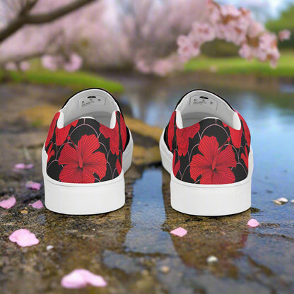 Red Lily Two Tone Slip-on Canvas Shoes featuring floral design against a natural background