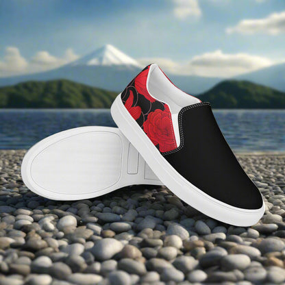 Red Lily Two Tone Slip-on Canvas Shoes with Floral Design on Black Background, Ideal for Casual Wear