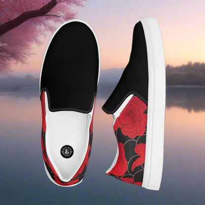 Red Lily Two Tone Slip-on Canvas Shoes featuring a stylish floral design with a black upper and red accents