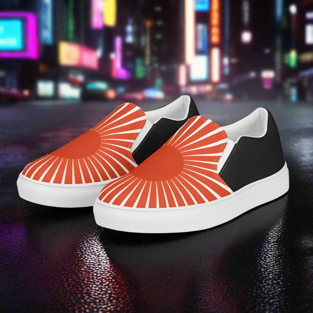 Rising Sun Halftone Slip-on Canvas Shoes featuring a vibrant red and black design for casual wear