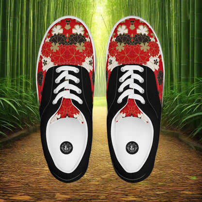 Custom Lace-up Canvas Shoes from WildSage Market red and black floral canvas with white laces top view on bamboo path
