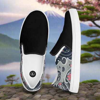 Sea Storm Two Tone Slip-on Canvas Shoes featuring a stylish black and floral design on the sides
