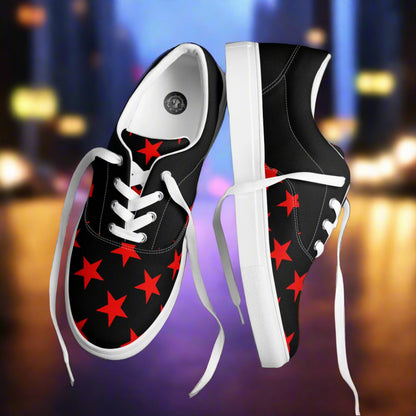 lace up red star pattern canvas shoes with white laces and soles