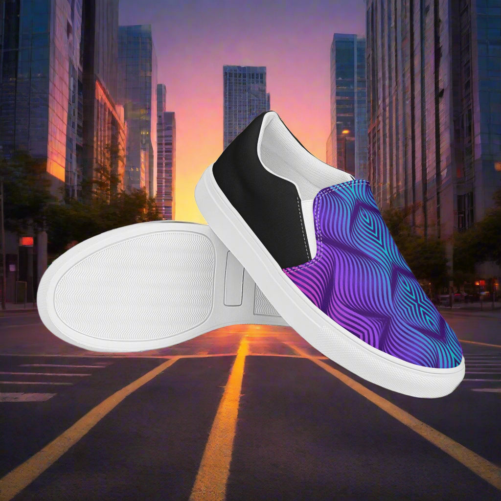 Skater Blue Halftone Slip-on Canvas Shoes with a modern design against a city backdrop at sunset