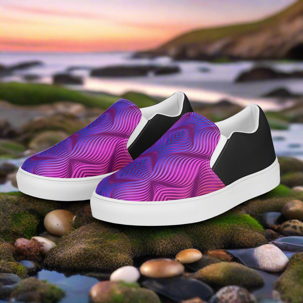 Skater Purple Halftone Slip-on Canvas Shoes on a rocky surface near a scenic background