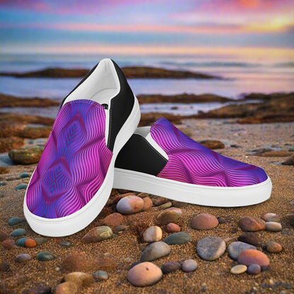 Skater Purple Halftone Slip-on Canvas Shoes on a rocky beach surface with a colorful sunset backdrop