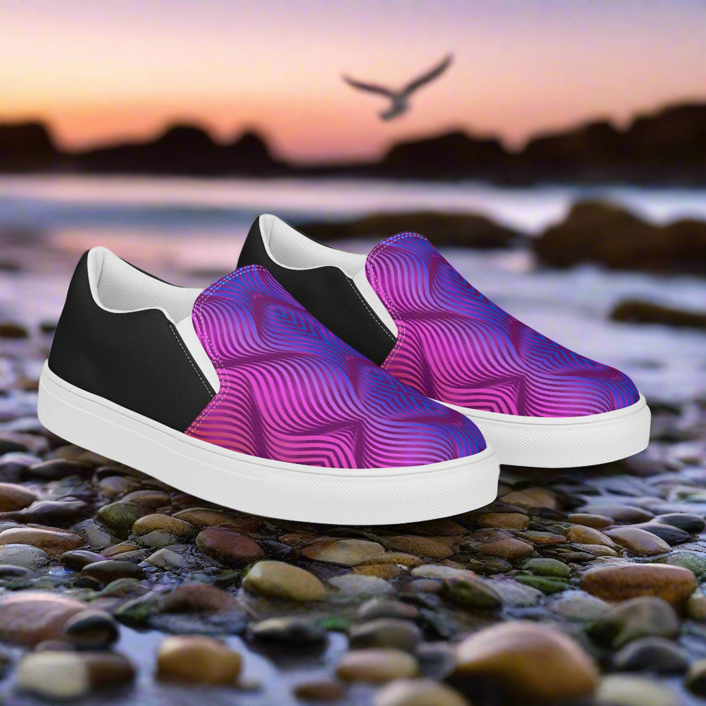 Skater Purple Halftone Slip-on Canvas Shoes with Stylish Wave Design on a Rocky Beach