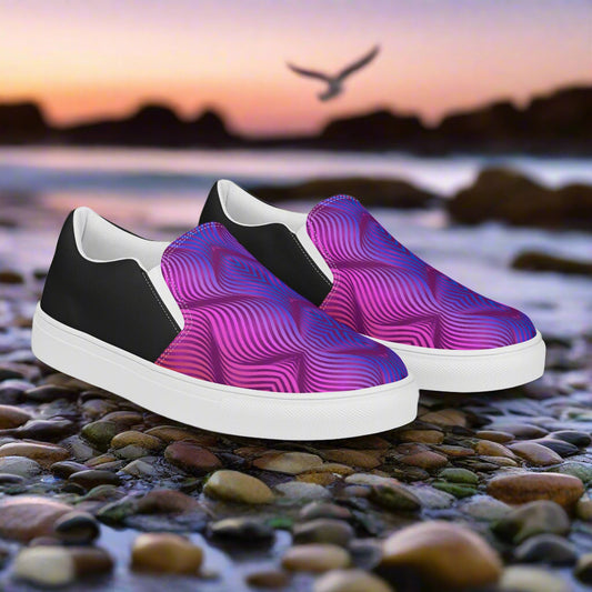 Skater Purple Halftone Slip-on Canvas Shoes with Stylish Wave Design on a Rocky Beach