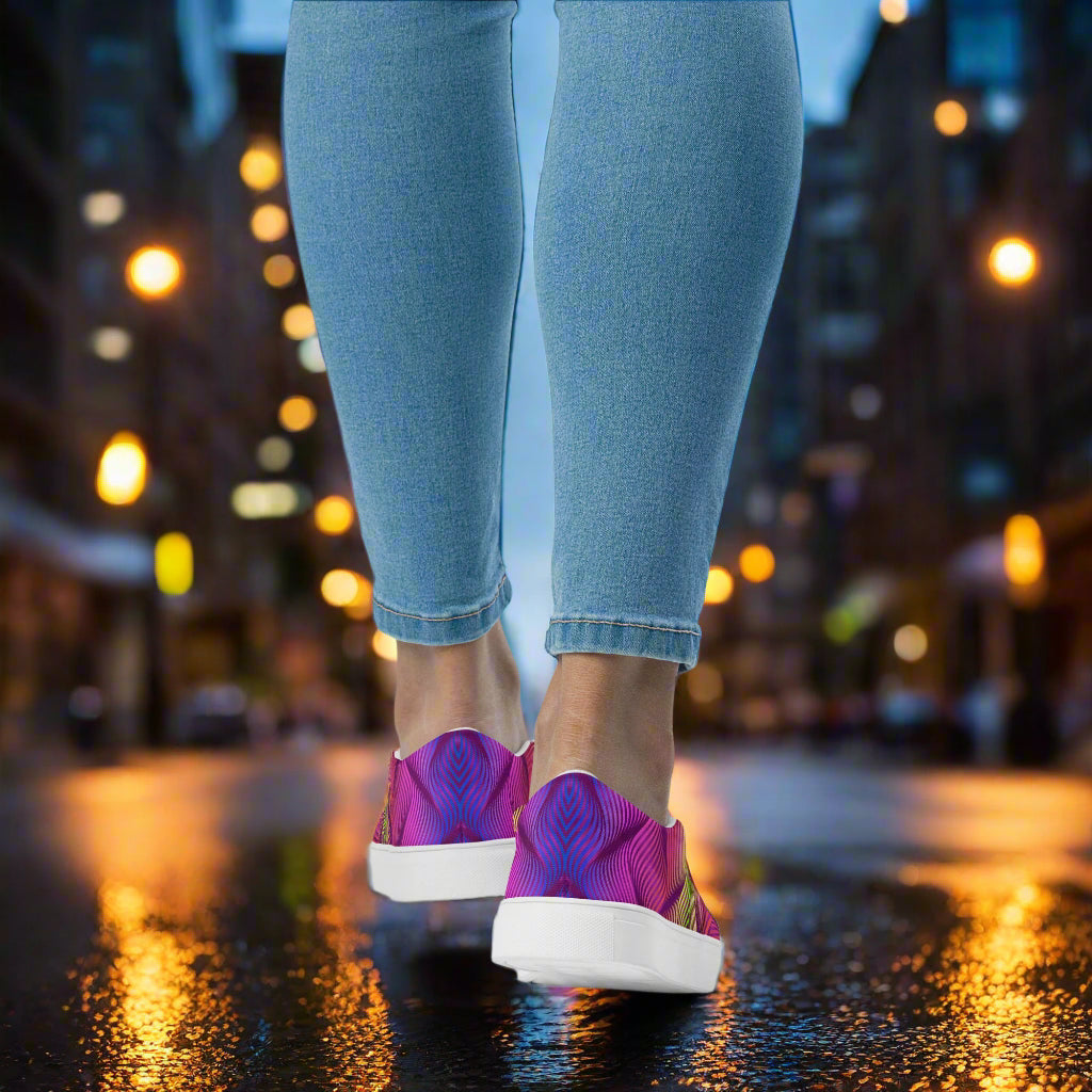 Skater Purple Slip-on Canvas Shoes worn with denim jeans on a city street
