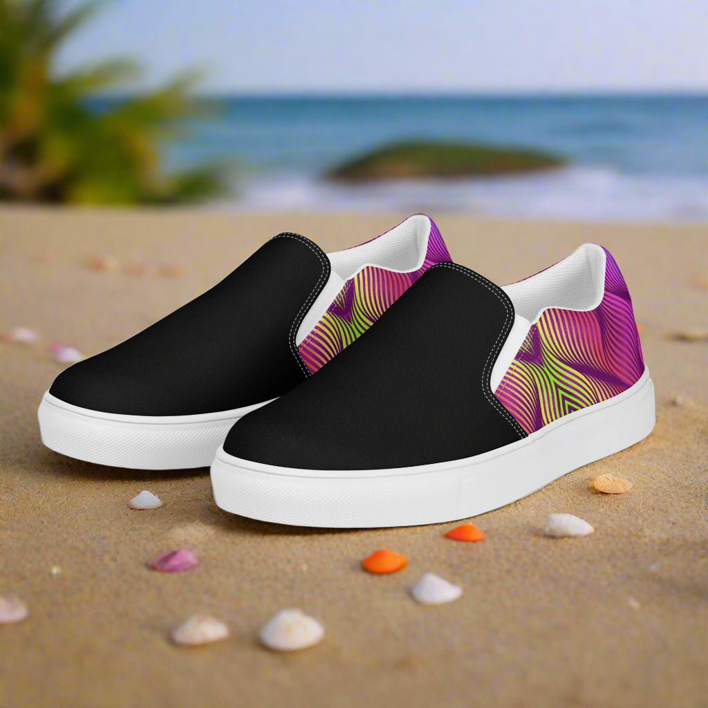 Skater Purple Two Tone Slip-On Canvas Shoes with a vibrant beach backdrop for stylish comfort