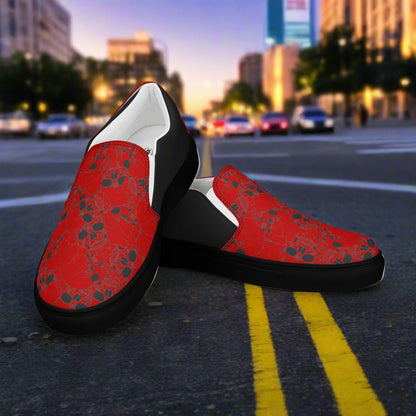 Skull Pile Crimson Halftone Slip-On Canvas Shoes by WildSage with bold red skull design