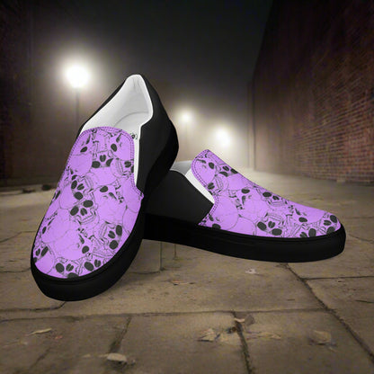 Skull Pile Purple Halftone Slip-On Canvas Shoes designed for trendy and casual footwear lovers