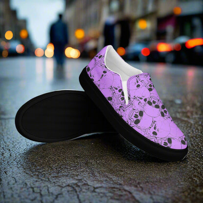 WildSage Skull Pile Purple Slip-On Canvas Shoes with a vibrant skull design, perfect for stylish casual wear