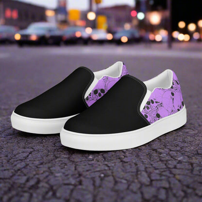 Skull Pile Purple Two Tone Slip-On Canvas Shoes by WildSage with stylish design and comfortable fit