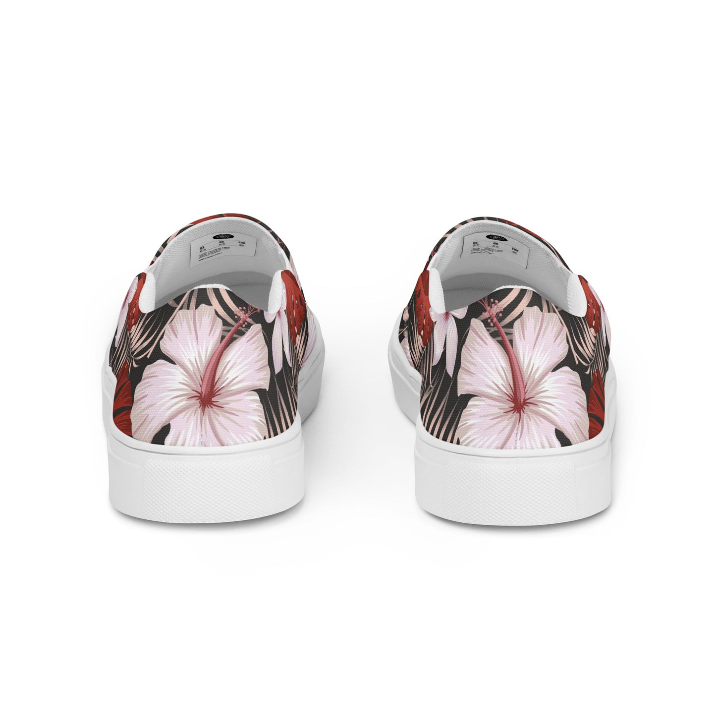 Back view of Slip-on Canvas Floral Print Shoes with vibrant flower designs and a stylish black background