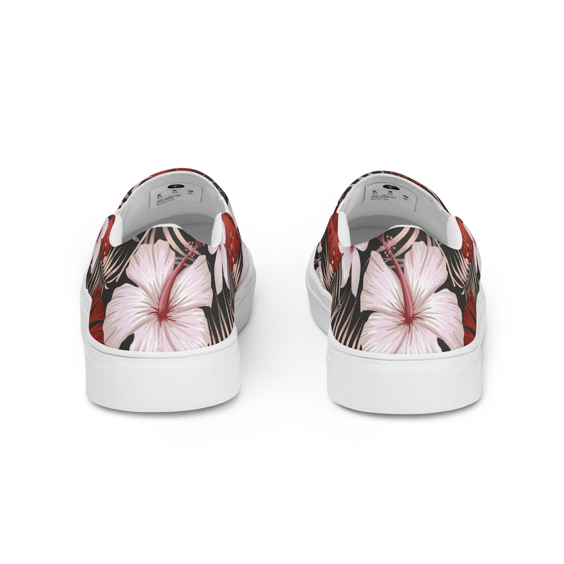 Back view of Slip-on Canvas Floral Print Shoes with vibrant flower designs and a stylish black background