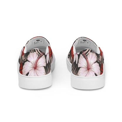 Back view of Slip-on Canvas Floral Print Shoes with vibrant flower designs and a stylish black background