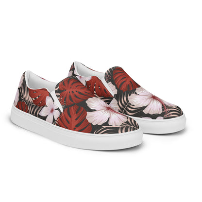 Slip-on Canvas Floral Print Shoes featuring a vibrant tropical design with red and pink flowers