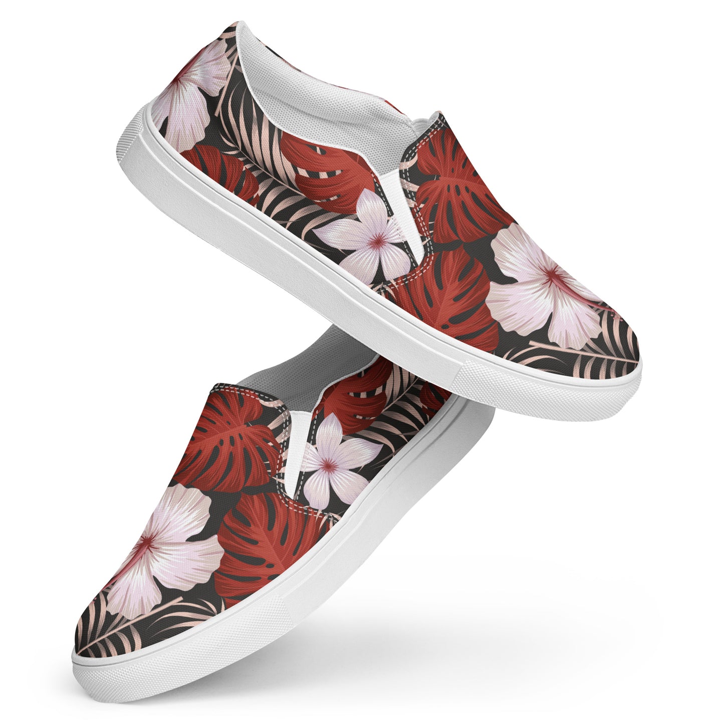 Slip-on Canvas Floral Print Shoes featuring vibrant red and pink tropical patterns