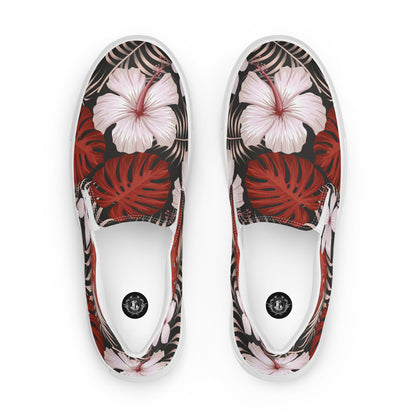 WildSage Market Slip-on Canvas Floral Print Shoes featuring vibrant tropical design with hibiscus flowers