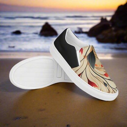 Slip-on Canvas Shoes Autumn Fire Halftone featuring a floral design against a beach background