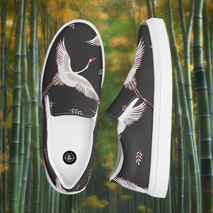 WildSage Market Slip-on Canvas Shoes Black Crane featuring artistic crane design on stylish black background