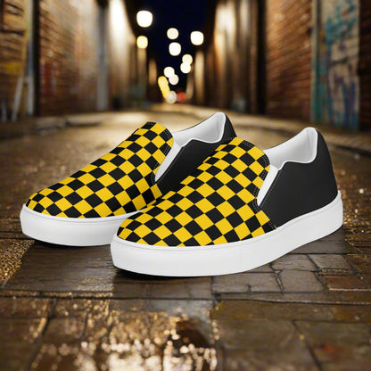 Trendy Slip-On Canvas Shoes with Black and Yellow Checkered Design for Easy Wear