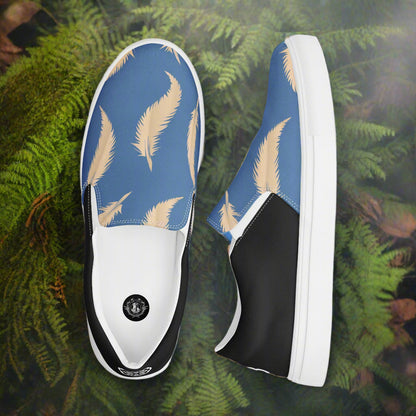 Slip-on Canvas Shoes Blue Feather Halftone featuring a stylish feather pattern on a blue background