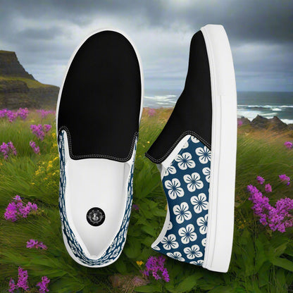 Stylish Slip-on Canvas Shoes Blue Orchid Two Tone with floral design and a sleek black top