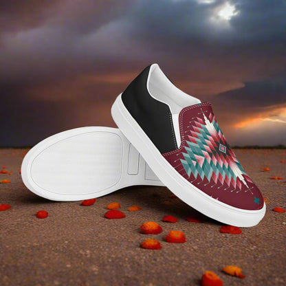 Slip-on Canvas Shoes Chinle Halftone featuring a vibrant geometric design on a maroon background