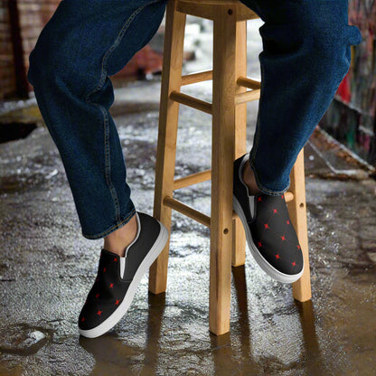 WildSage Market slip on canvas shoes crimson diamond black with red diamond pattern worn with jeans