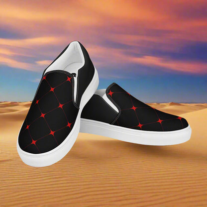 WildSage Market slip on canvas shoes crimson diamond with black and red geometric design on white soles