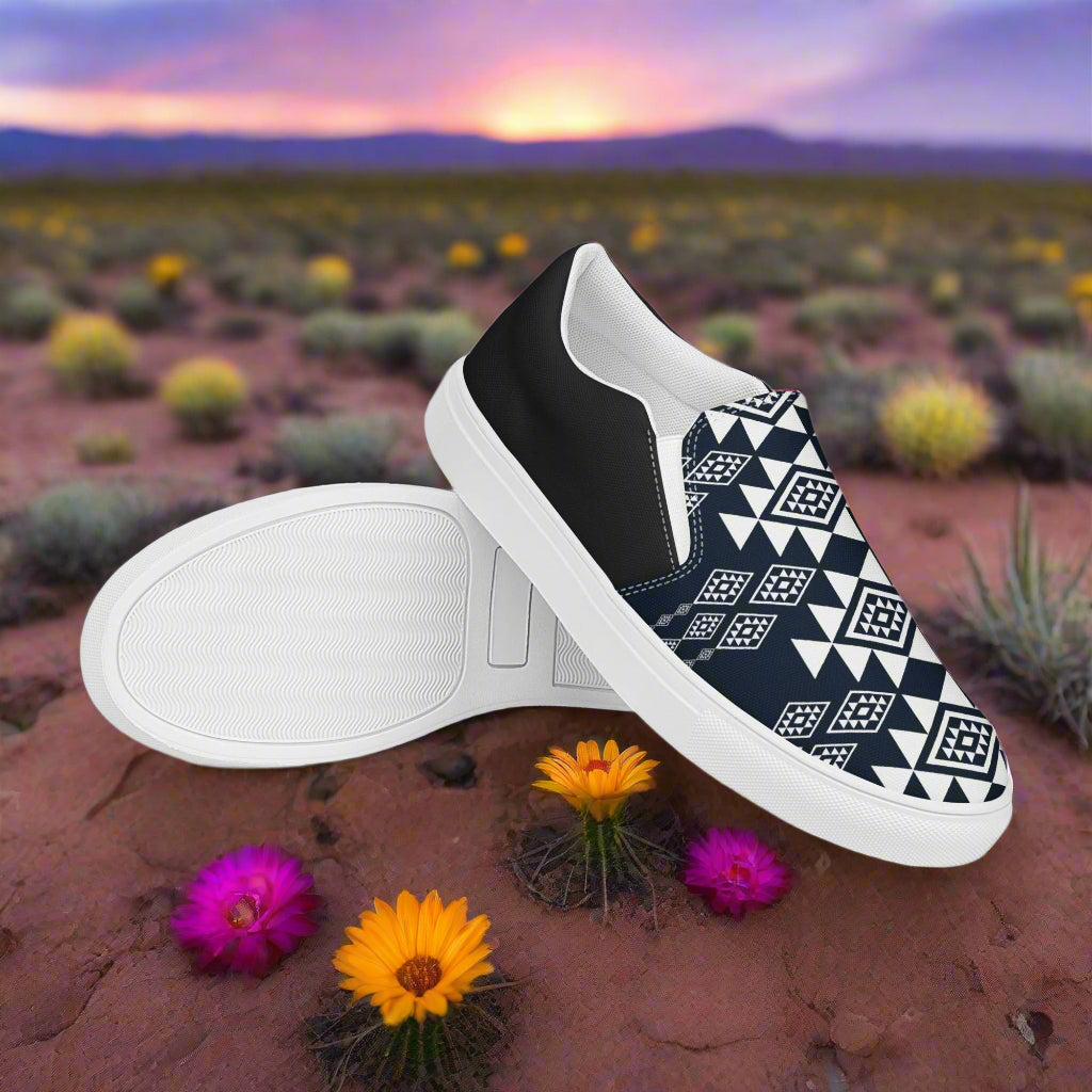 WildSage Market Slip-on Canvas Shoes Durango Halftone with Unique Geometric Pattern on a Desert Background