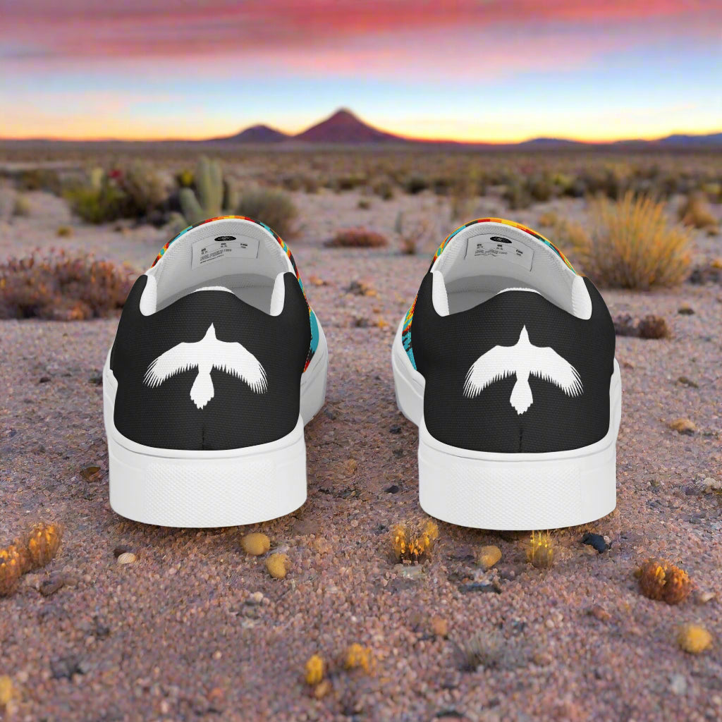 Slip-on Canvas Shoes Huichol Halftone with unique mustache design on the back in a desert landscape