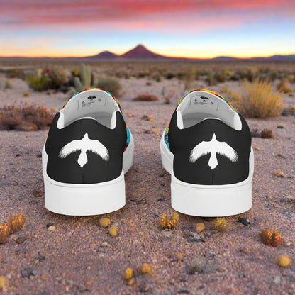 Slip-on Canvas Shoes Huichol Halftone with unique mustache design on the back in a desert landscape