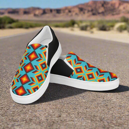 WildSage Market Slip-on Canvas Shoes Huichol Halftone with colorful geometric patterns on a scenic background