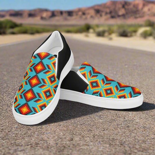 WildSage Market Slip-on Canvas Shoes Huichol Halftone with colorful geometric patterns on a scenic background