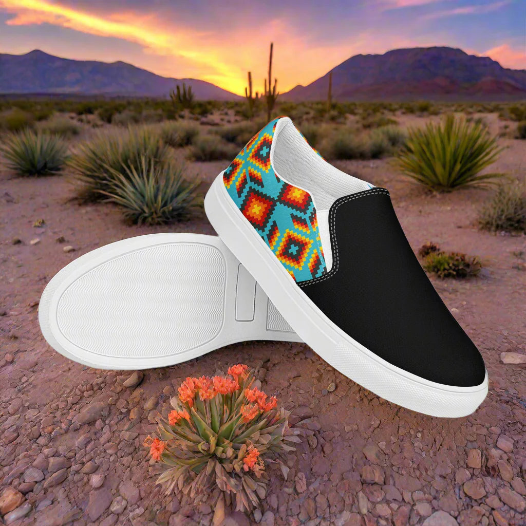 WildSage Market Slip-on Canvas Shoes Huichol Two Tone featuring a stylish design with a black body and colorful patterns
