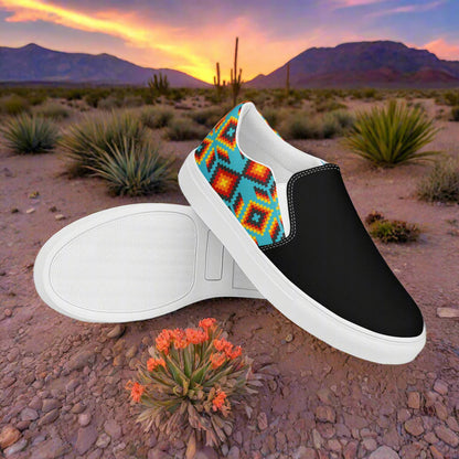 WildSage Market Slip-on Canvas Shoes Huichol Two Tone featuring a stylish design with a black body and colorful patterns