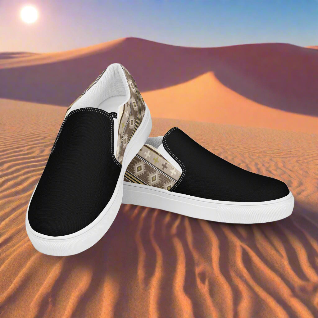 Stylish Slip-on Canvas Shoes Kewa Two Tone in black and patterned design for casual wear
