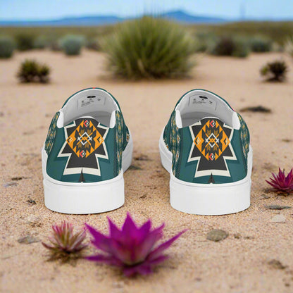 Slip-on Canvas Shoes Kiva Southwest Print featuring vibrant patterns on a green background for casual style