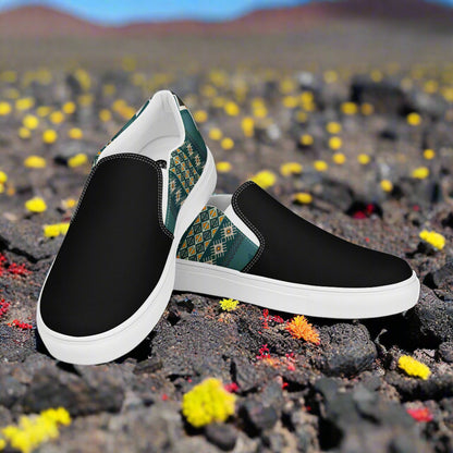 Slip-on Canvas Shoes Kiva Two Tone featuring a stylish black and patterned design on a textured surface