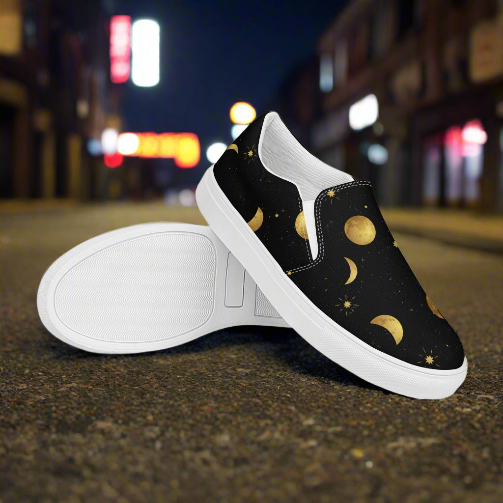 WildSage Market Slip-on Canvas Shoes - Moonstar Print featuring celestial design on black background