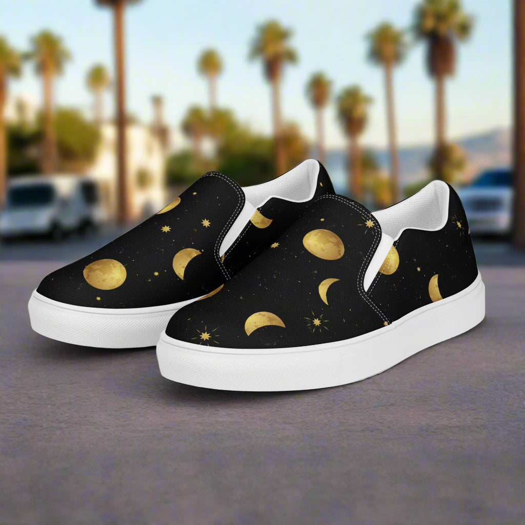 Slip-on Canvas Shoes - Moonstar Print featuring a stylish black design with golden celestial patterns
