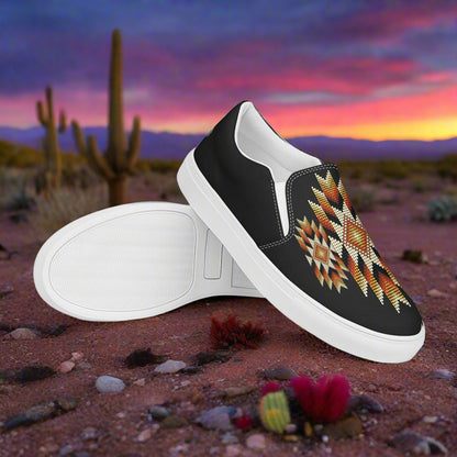 WildSage Market Slip-on Canvas Shoes Night Sky Halftone with vibrant tribal pattern on a desert background