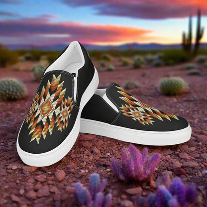 WildSage Market Slip-on Canvas Shoes Night Sky Halftone with colorful geometric patterns in a desert setting