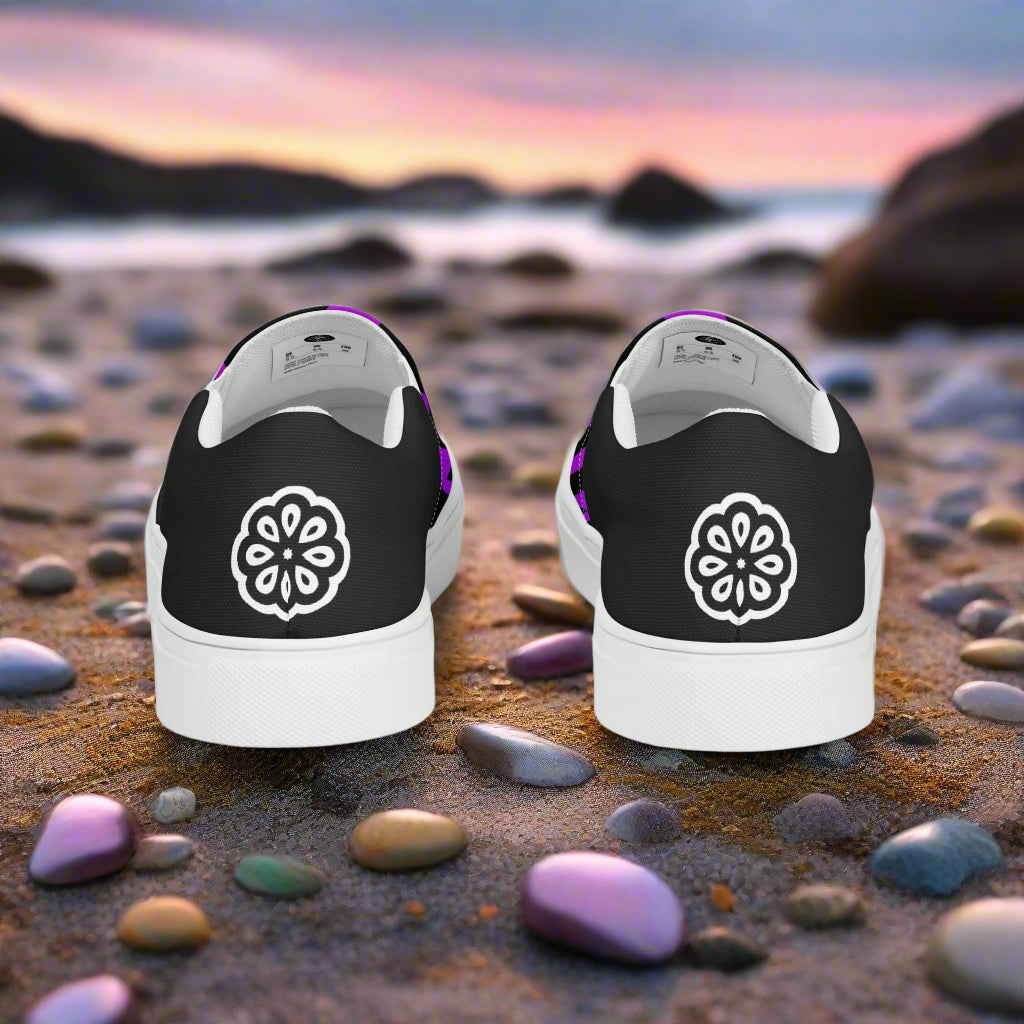 Slip-on Canvas Shoes Purple Zebra Halftone with floral design on the heel against a beach background